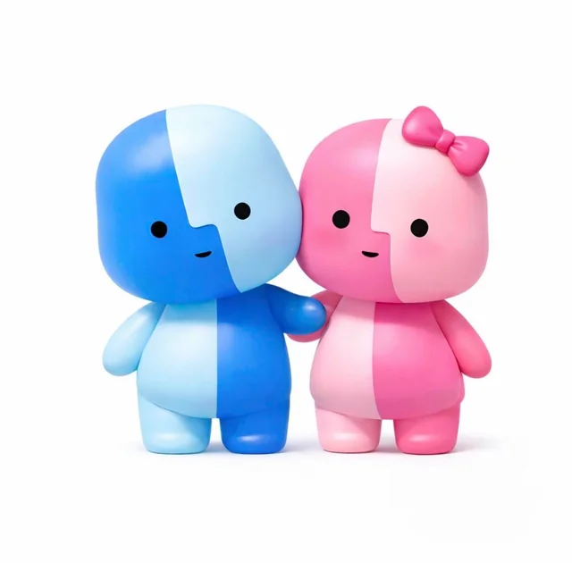 The blue and the pink Lil' Finder Guy standing side by side
